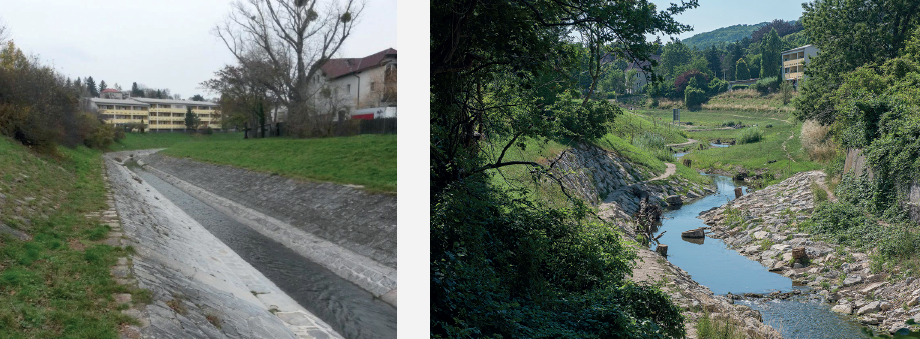 Bécs: a Liesing folyó a helyreállítás előtt (balra) és után (jobbra). A kép forrása: https://eionet.kormany.hu/folyok-es-tavak-az-europai-varosokban