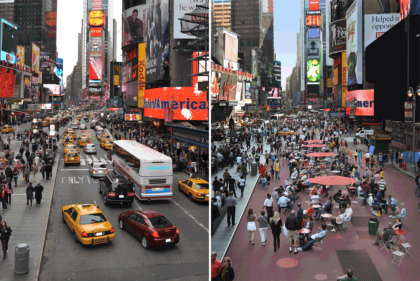 Élhető (livable) város. New York, Time Square 2009 tavaszán és őszén. Forrás: https://gehlpeople.com/story-article/new-york-city-ready-for-change/