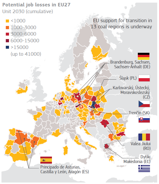 Lehetséges munkahelyvesztések – 13 szénvidék átalakítását támogatja jelenleg az EU (Forrás: Európai Bizottság: DG JRC, DG REGIO)