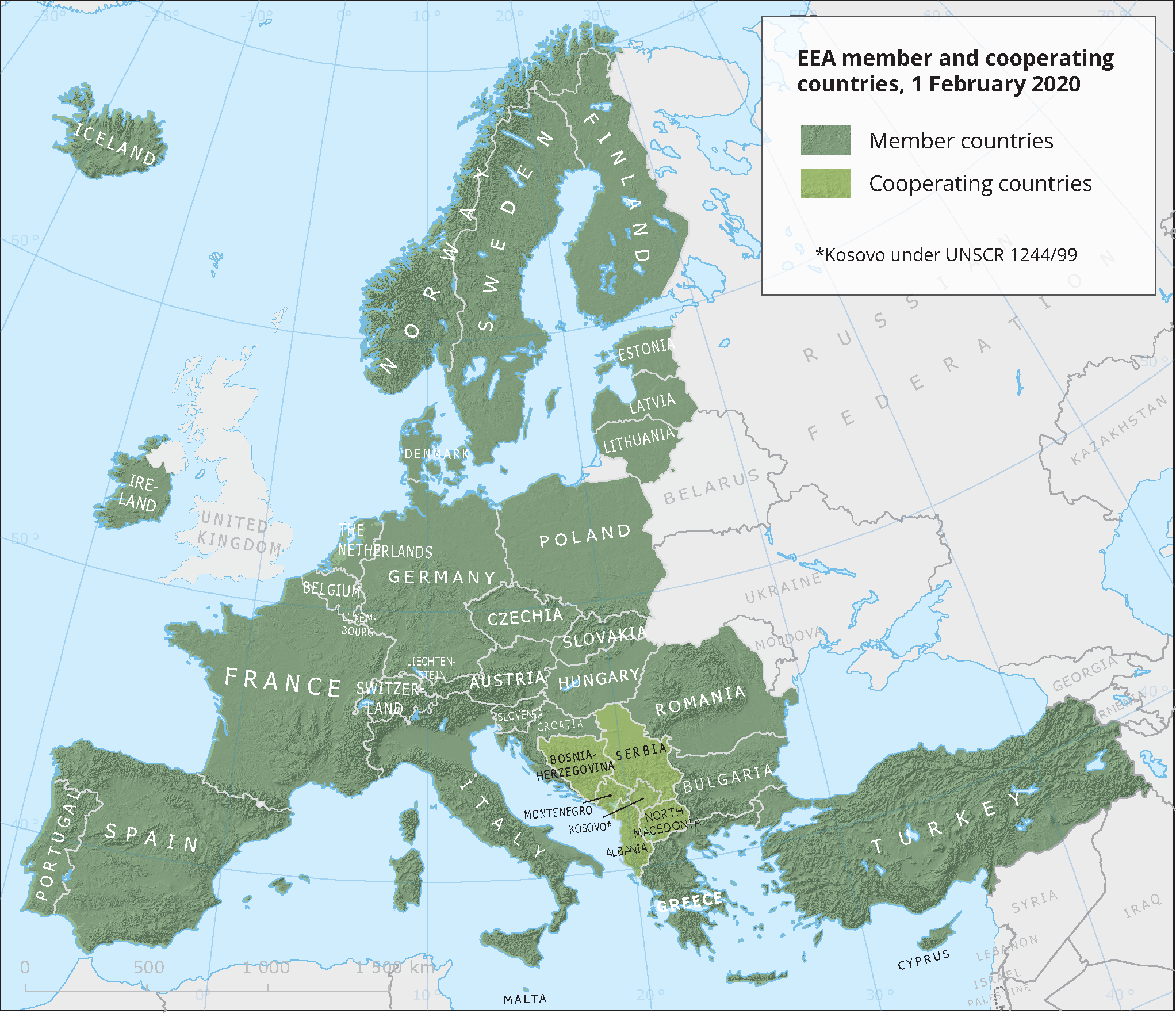 Az Ügynökség tag-, és partner országai. A kép forrása: http://www.eea.europa.eu/about-us/countries-and-eionet