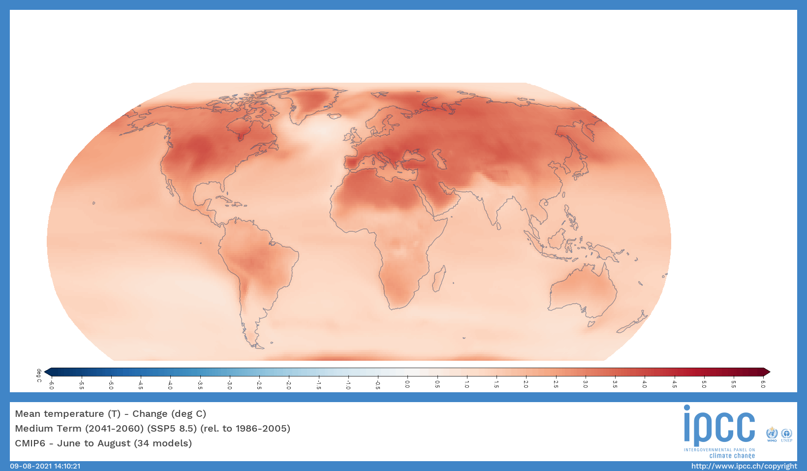 2041 és 2060 között így változna az átlaghőmérséklet nyaranta. Minél sötétebb a térkép, annál magasabb a változás mértéke. Fotó: interactive-atlas.ipcc.ch