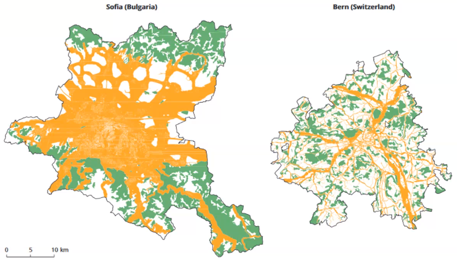 Szófia (Bulgária) és Bern (Svájc) zajtérképe (narancs: 55 dB fölötti területek)