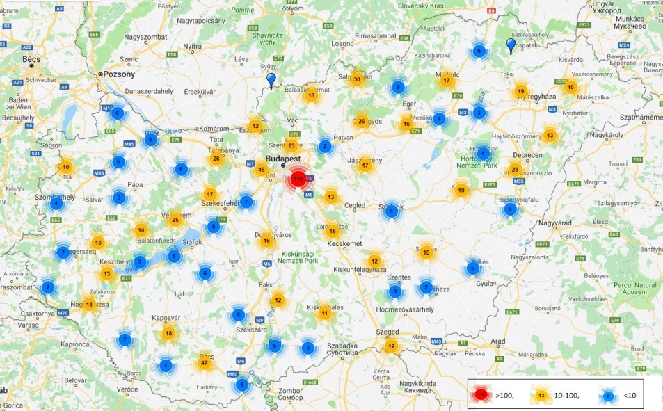 Az Ökoóvodák hálózata Magyarországon (a számok az Ökoóvodák hálózatát mutatják az adott régióban)